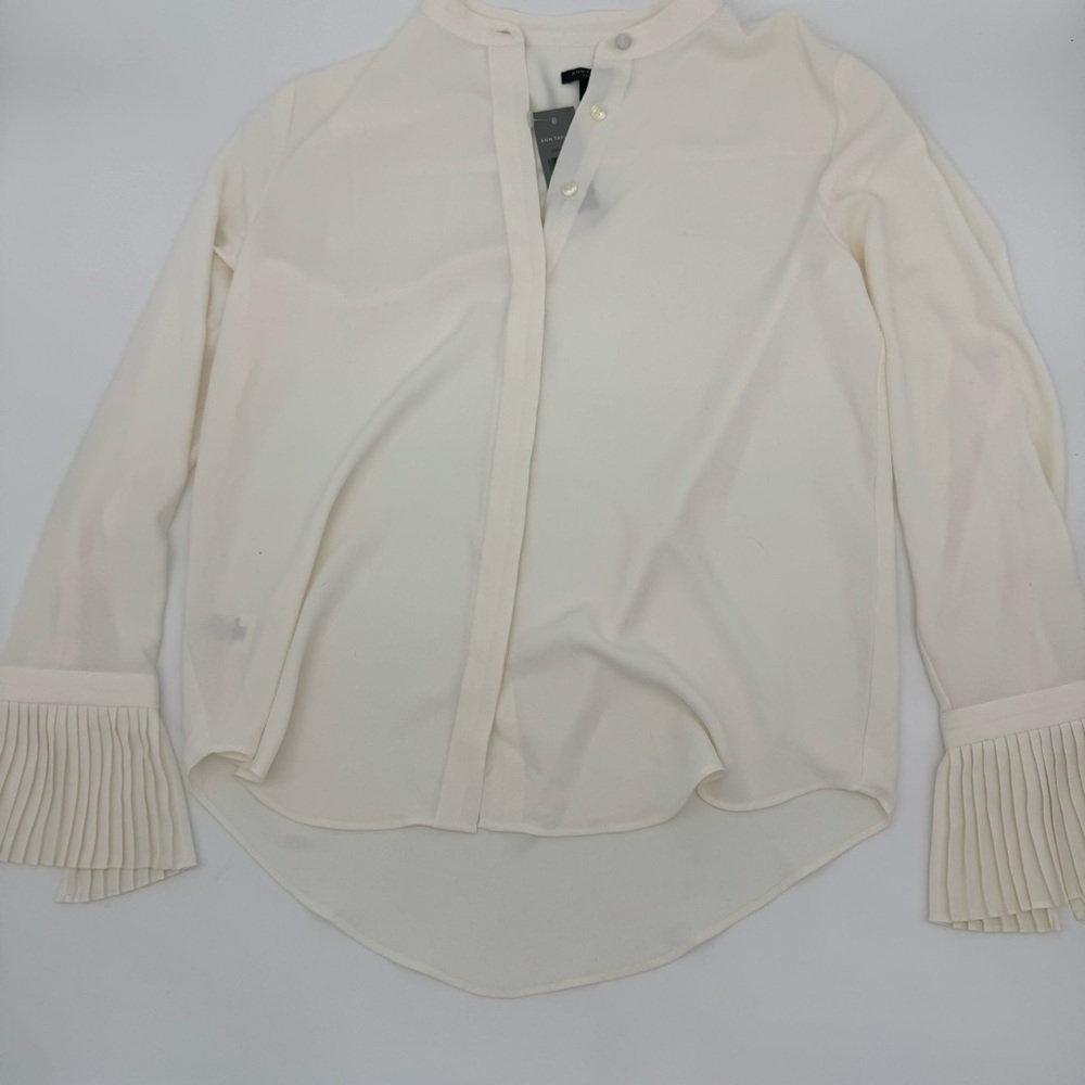 Ann Taylor Petite Sheer Ivory Button Front Blouse with Pleated Sleeves NWT XSP